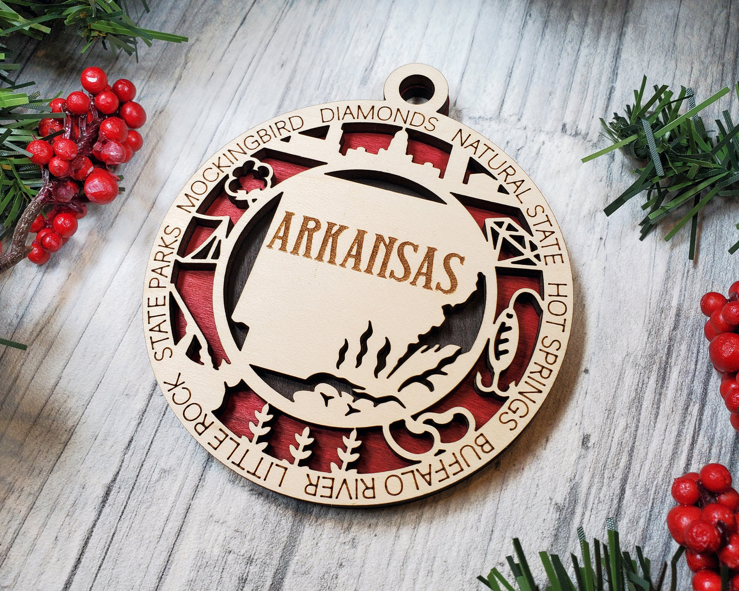 Arkansas Ornament – Laser Cut Arkansas State Christmas Ornament, Handmade AR Gift, Arkansas Decor, Holiday Keepsake, Personalized State Present