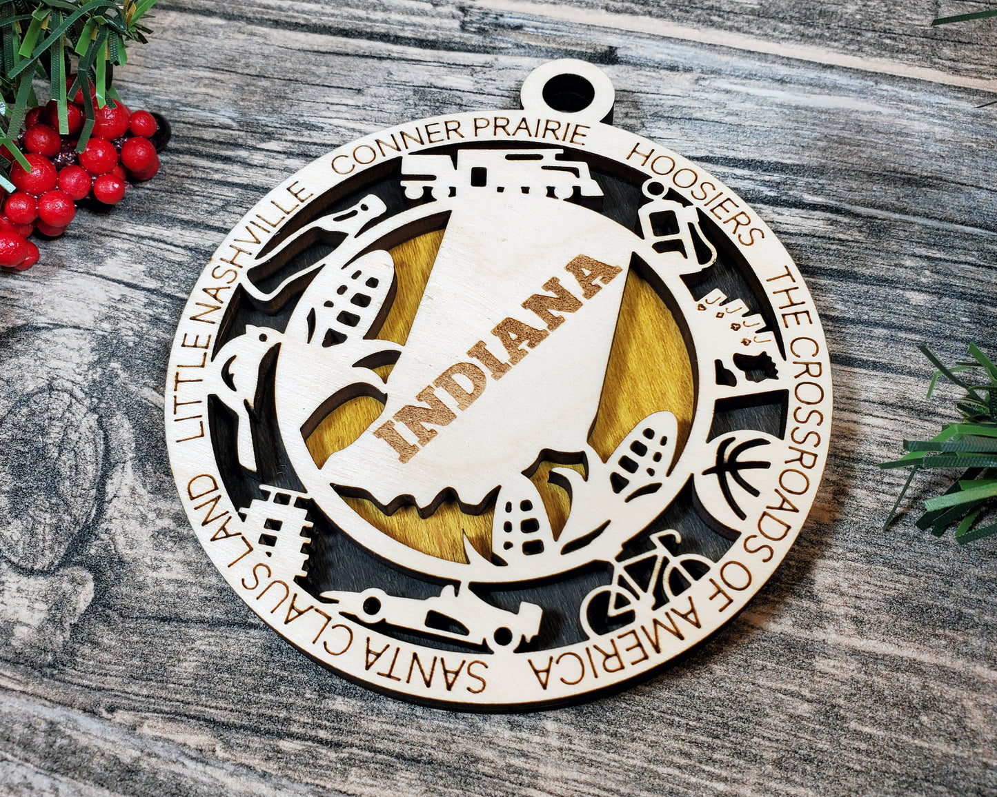 Indiana Ornament – Laser Cut Indiana State Christmas Ornament, Handmade IN Gift, Indiana Decor, Holiday Keepsake, Personalized State Present