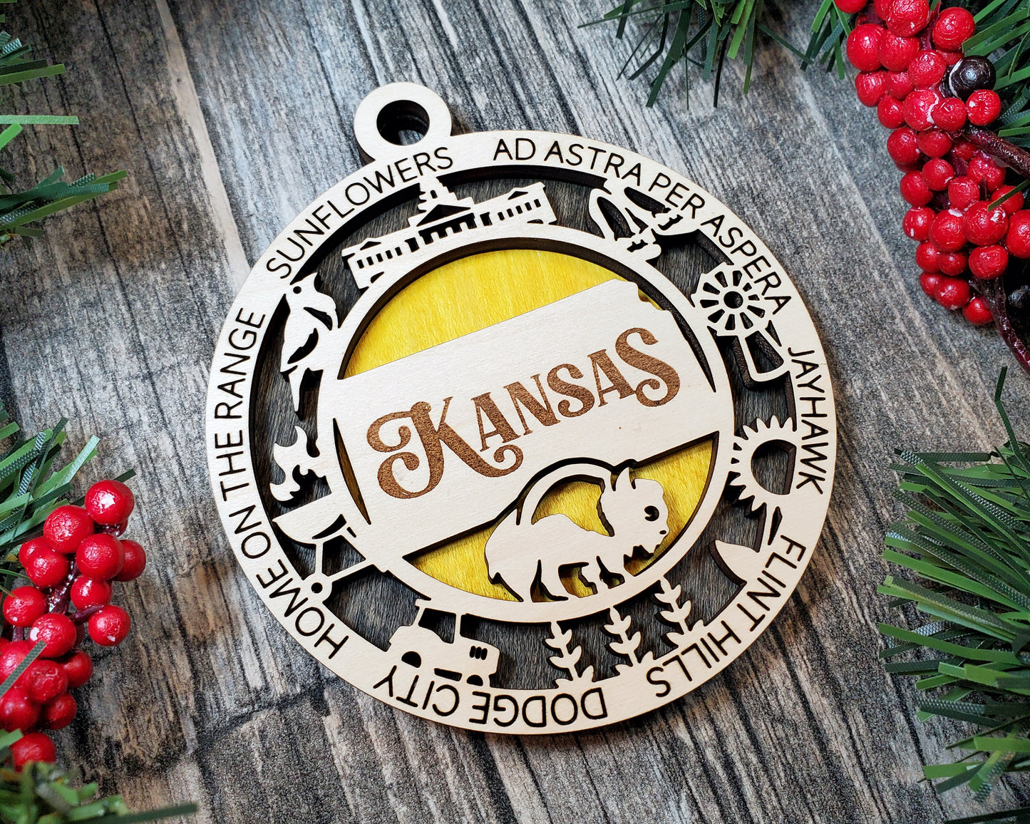 Kansas Ornament – Laser Cut Kansas State Christmas Ornament, Handmade KS Gift, Kansas Decor, Holiday Keepsake, Personalized State Present