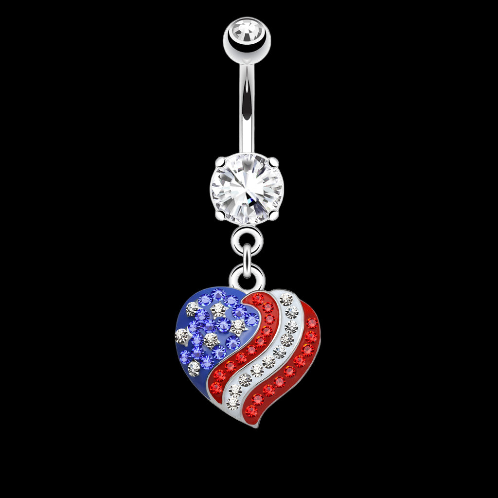 14 GA Crystal Paved American Flag Heart Dangle 316L Surgical Steel Navel Ring