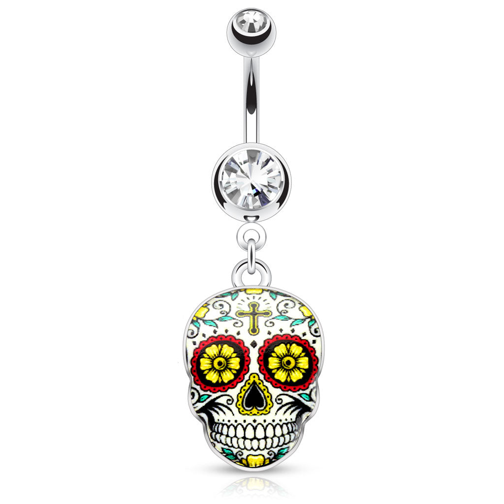 Green Sugar Skull 316L Surgical Steel Dangle Navel Ring