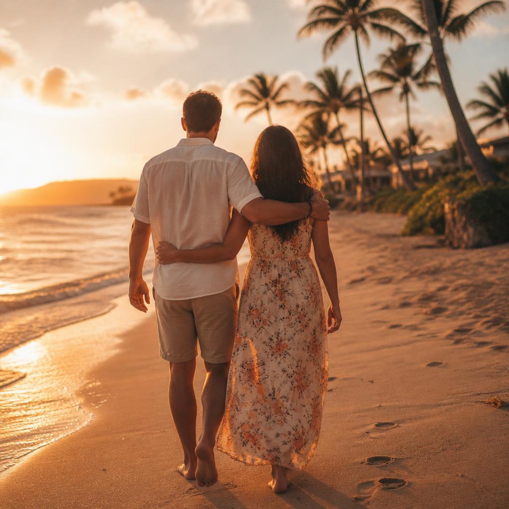 Eric and Natalie walking together on a tropical beach at sunset