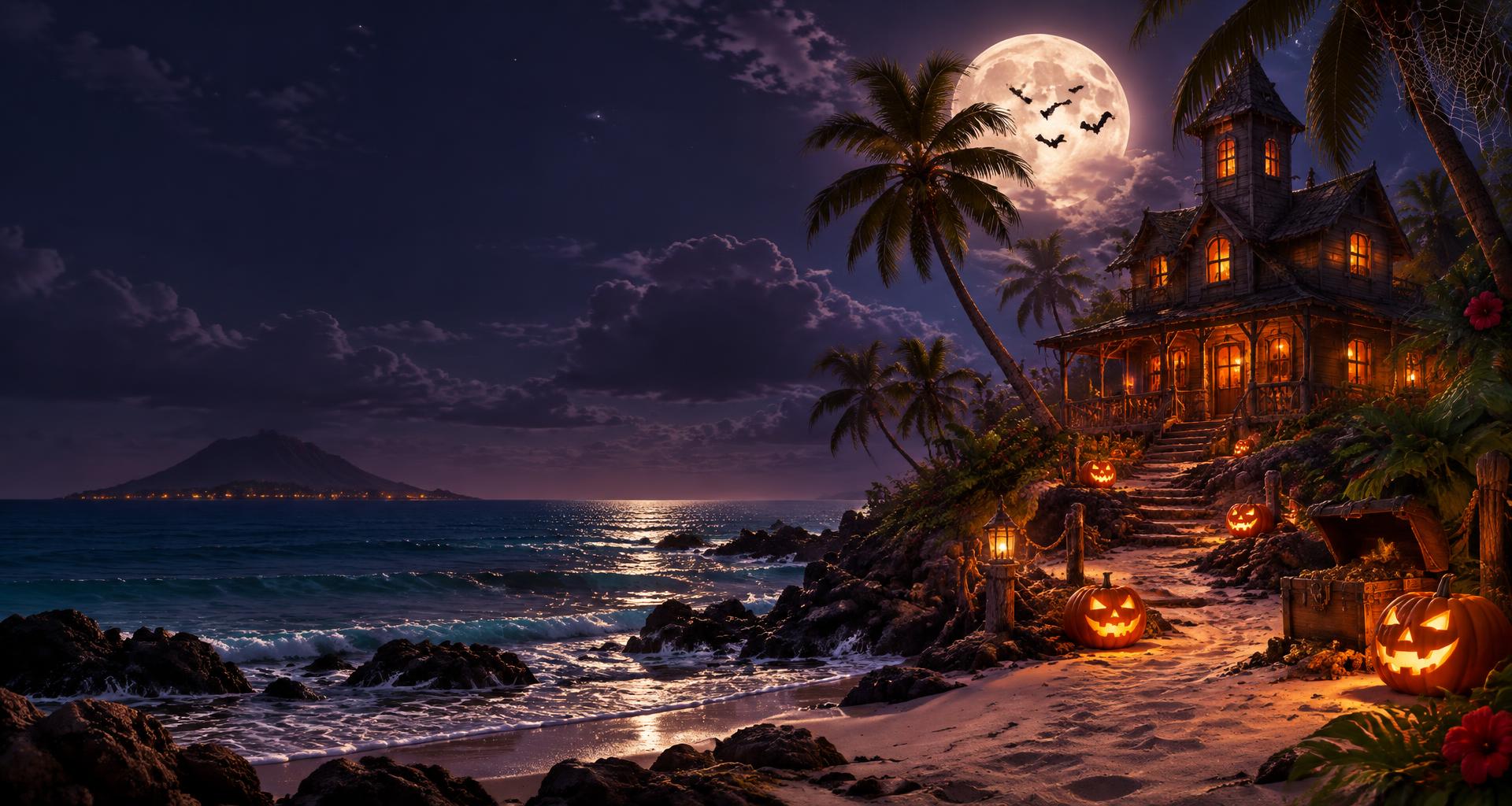 Moonlit tropical haunted house with glowing pumpkins and a treasure trail