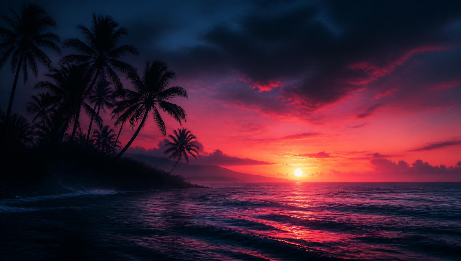 Tropical sunset over dark water with palm tree silhouettes