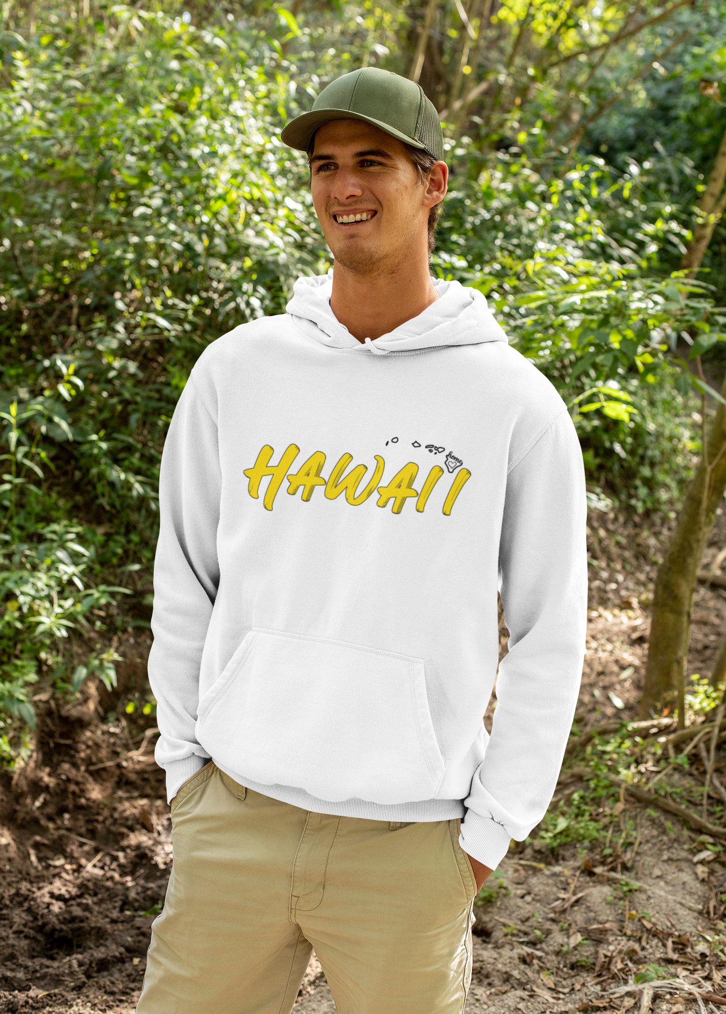 Hawaii Graphic Hoodie (White) – Unisex Pullover Sweatshirt | Yellow “HAWAII” Script