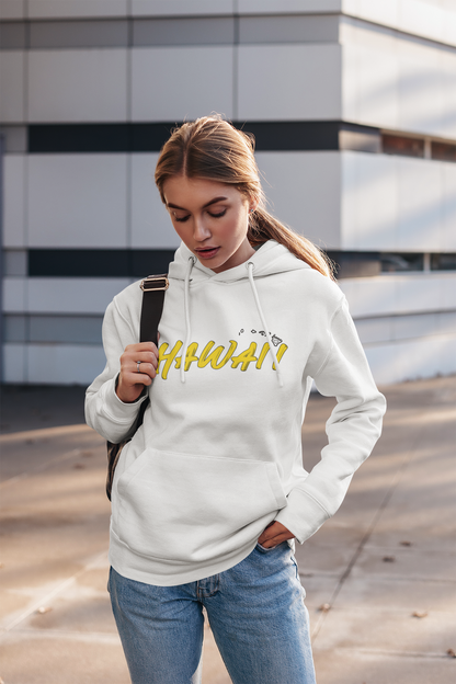 Hawaii Graphic Hoodie (White) – Unisex Pullover Sweatshirt | Yellow “HAWAII” Script