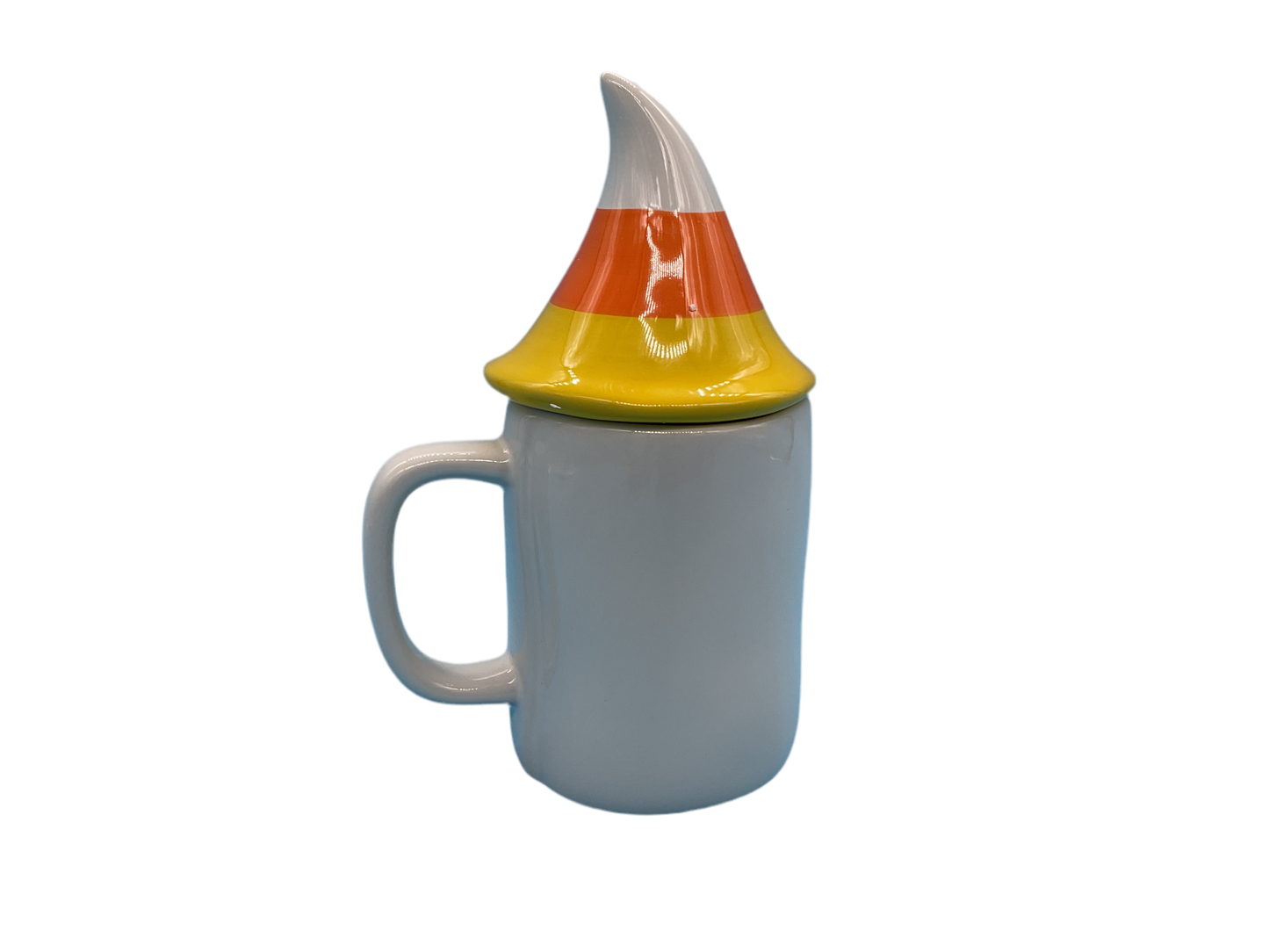 Side view of lidded Rae Dunn corn mug showing handle