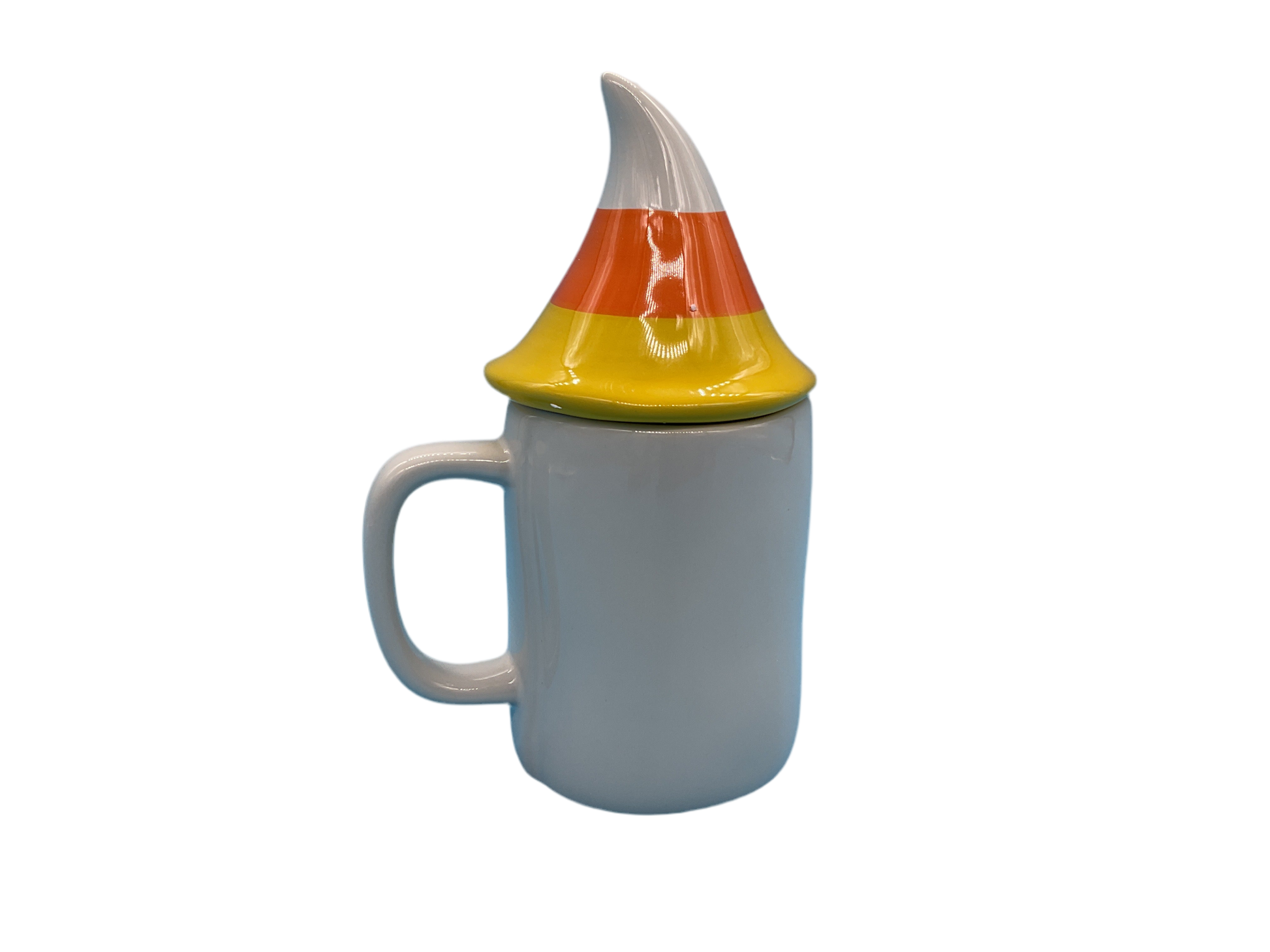 Side view of lidded Rae Dunn corn mug showing handle