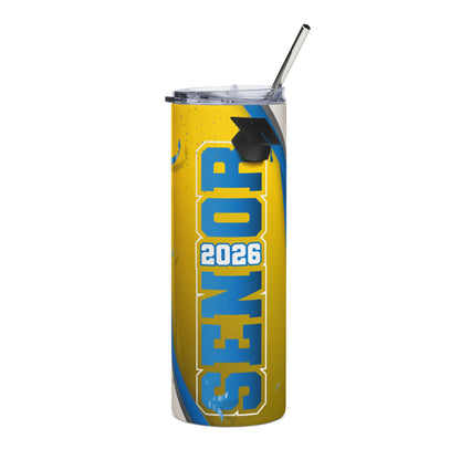 Senior 2026 Blue/Yellow 20oz Stainless Tumbler – Graduation Gift with Cap & Confetti Design
