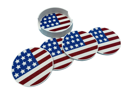 3D Printed American Flag Coaster Set With Storage Tray Patriotic Drink Coasters Durable Plastic