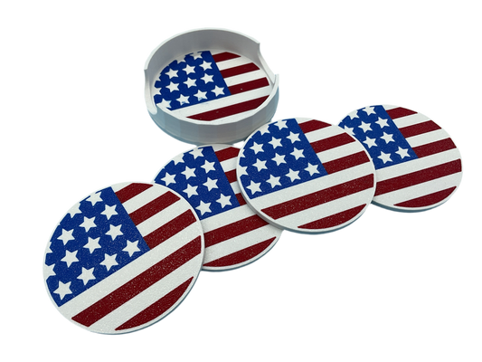 3D Printed American Flag Coaster Set With Storage Tray Patriotic Drink Coasters Durable Plastic