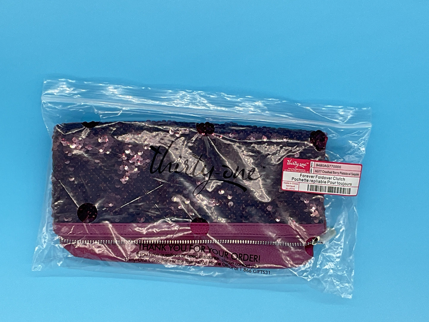 Thirty-One Gifts - Forever Foldover Clutch - Crushed Berry Pebble w/ Sequins