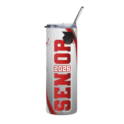 Senior 2026 Red/White Stainless Steel Tumbler — Graduation Travel Cup with Cap & Straw