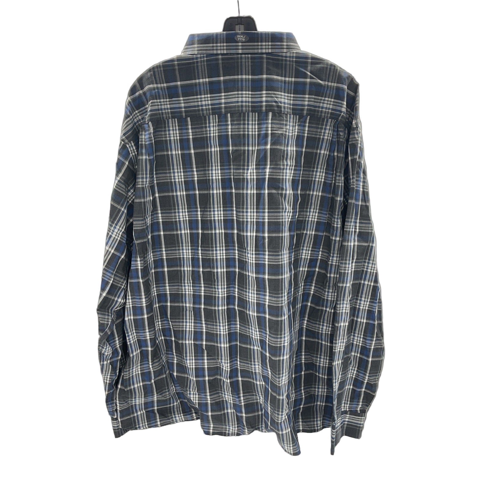 Plaid shirt on a hanger against a white background