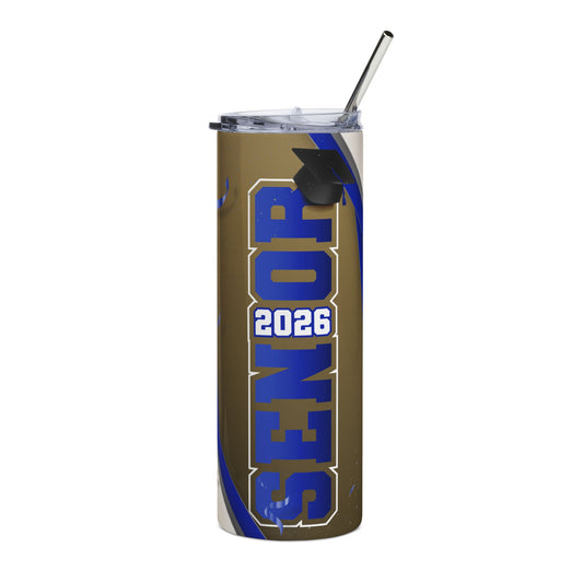 2026 Senior Graduation Blue/Gold Stainless Steel Tumbler - 20oz Insulated Travel Cup with Cap & Straw