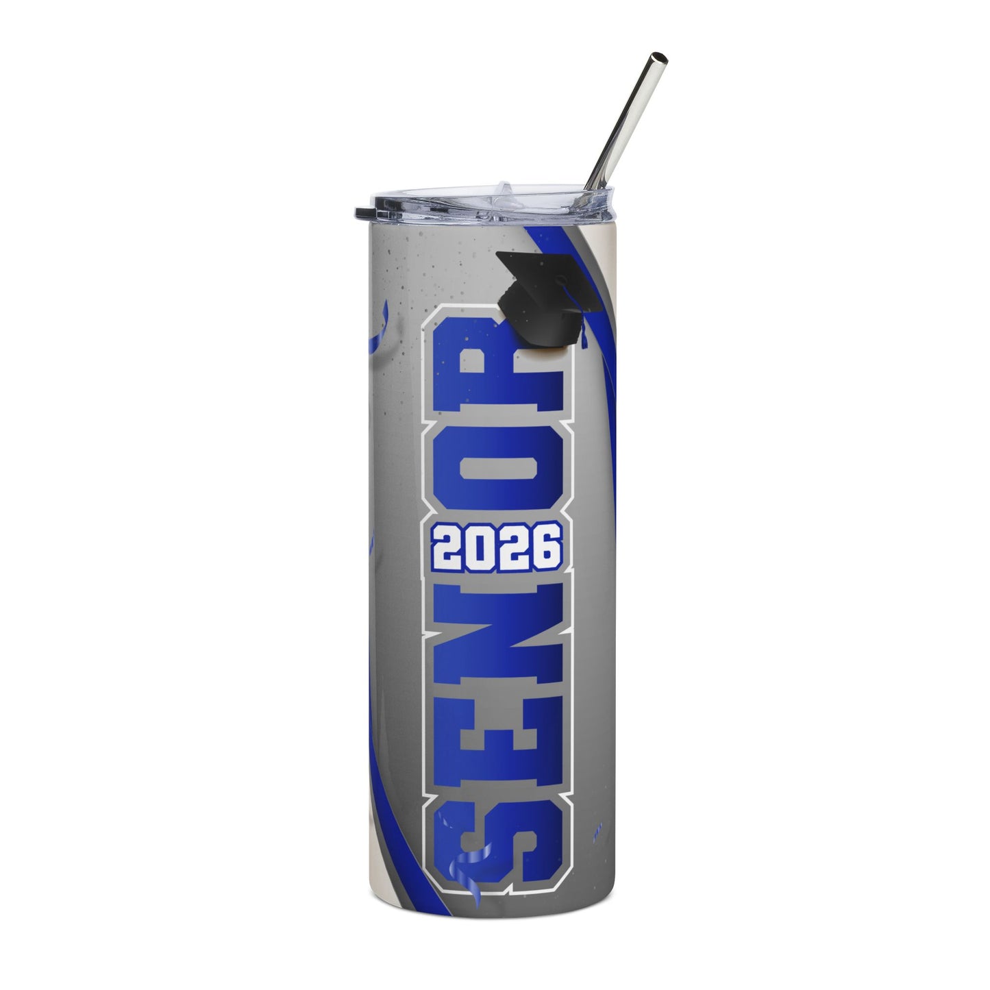 Senior 2026 Silver/Blue Stainless Steel Tumbler — 20oz Graduation Travel Cup
