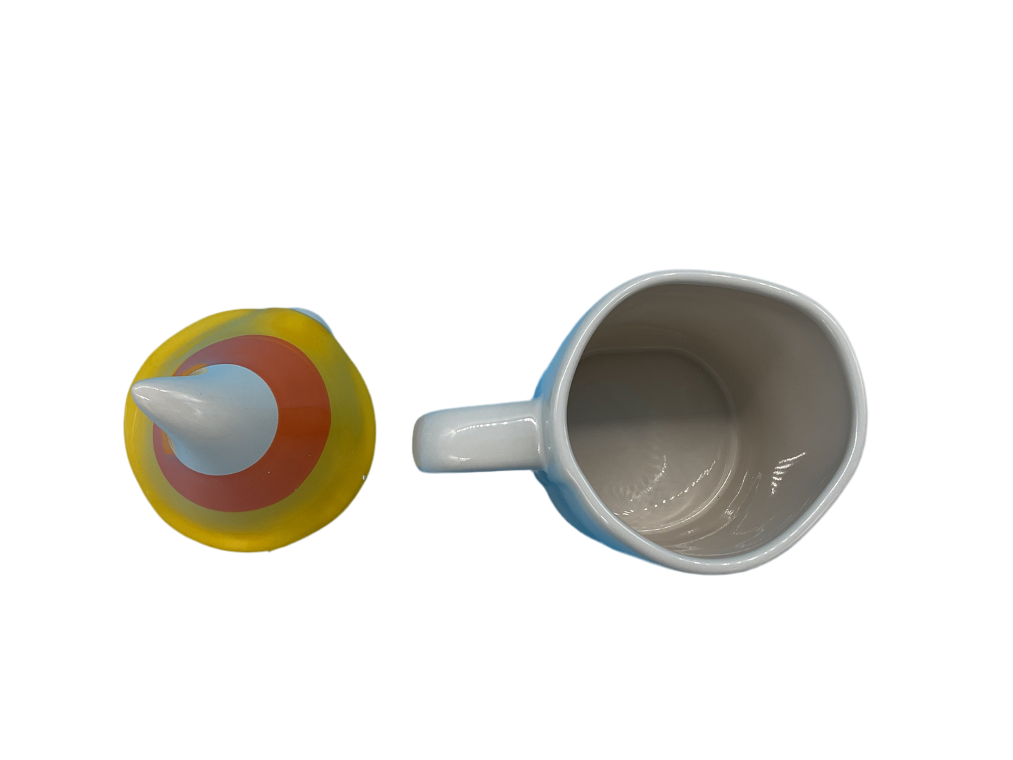 Top-down view of Rae Dunn ‘You’re So Corny’ mug with removable lid