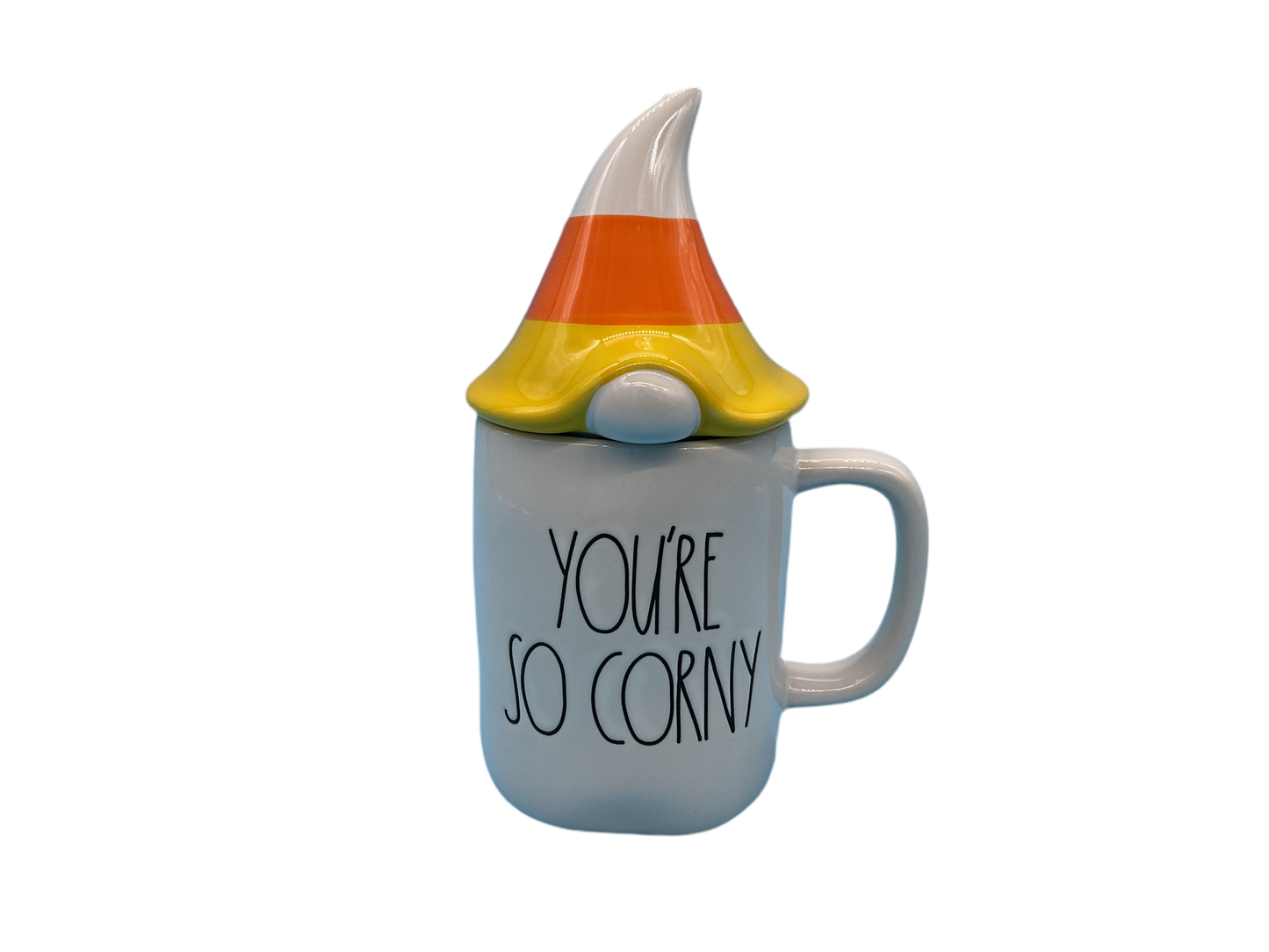 Rae Dunn ‘You’re So Corny’ figural corn-shape mug with lid, front angle, cream text