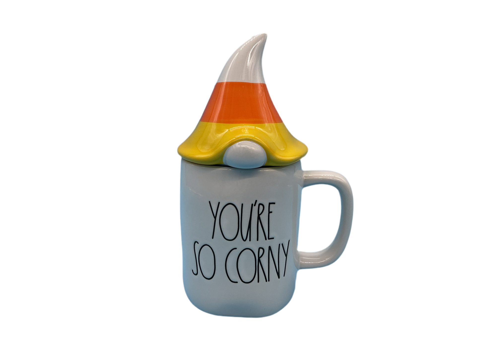 Rae Dunn ‘You’re So Corny’ figural corn-shape mug with lid, front angle, cream text