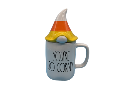 Rae Dunn ‘You’re So Corny’ figural corn-shape mug with lid, front angle, cream text