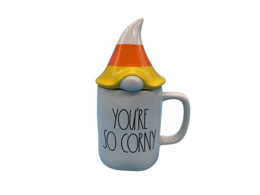 Rae Dunn ‘You’re So Corny’ figural corn-shape mug with lid, front angle, cream text