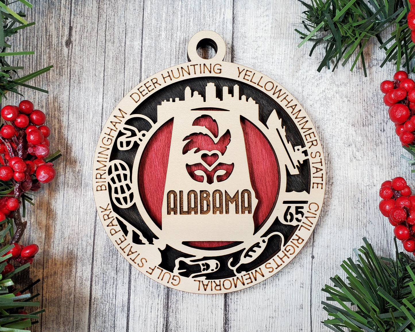 Alabama Ornament – Laser Cut Alabama State Christmas Ornament, Handmade AL Gift, Alabama Decor, Holiday Keepsake, Personalized State Present