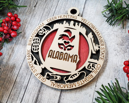 Alabama Ornament – Laser Cut Alabama State Christmas Ornament, Handmade AL Gift, Alabama Decor, Holiday Keepsake, Personalized State Present