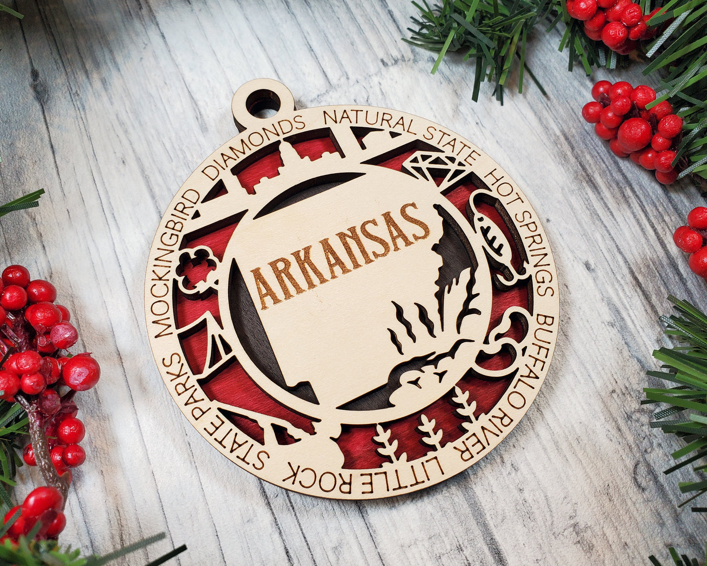 Arkansas Ornament – Laser Cut Arkansas State Christmas Ornament, Handmade AR Gift, Arkansas Decor, Holiday Keepsake, Personalized State Present
