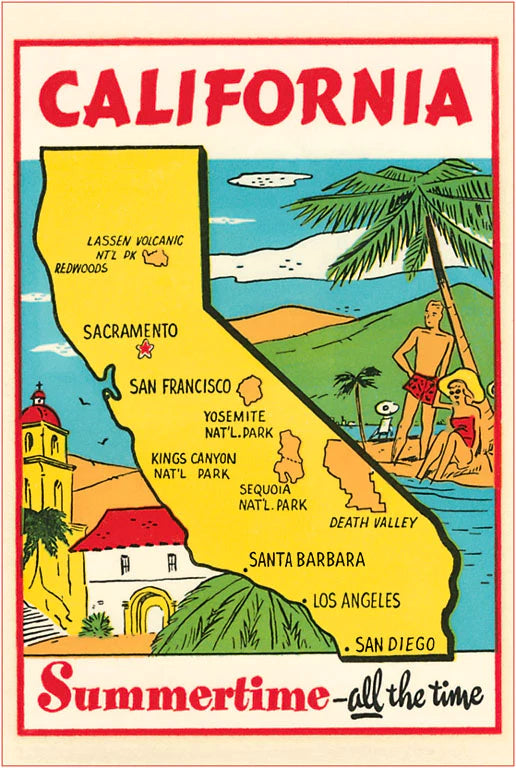 Cartoon Map of California  - Vintage Image Postcard