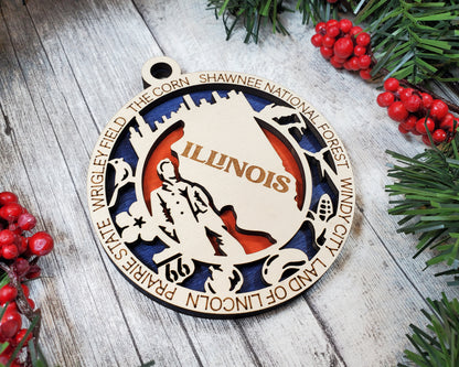 Illinois Ornament – Laser Cut Illinois State Christmas Ornament, Handmade IL Gift, Illinois Decor, Holiday Keepsake, Personalized State Present
