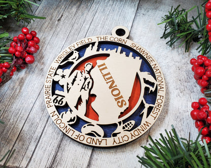 Illinois Ornament – Laser Cut Illinois State Christmas Ornament, Handmade IL Gift, Illinois Decor, Holiday Keepsake, Personalized State Present