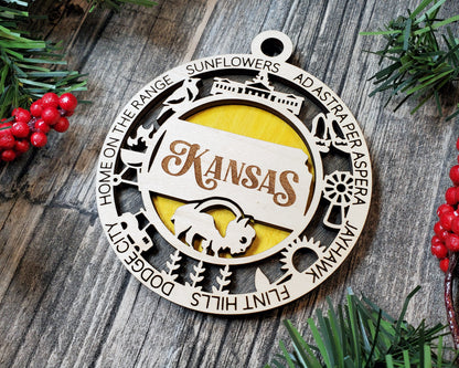Kansas Ornament – Laser Cut Kansas State Christmas Ornament, Handmade KS Gift, Kansas Decor, Holiday Keepsake, Personalized State Present