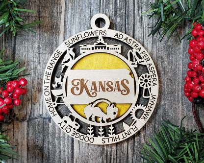 Kansas Ornament – Laser Cut Kansas State Christmas Ornament, Handmade KS Gift, Kansas Decor, Holiday Keepsake, Personalized State Present