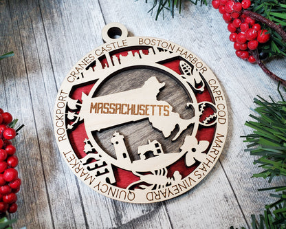 Massachusetts Ornament – Laser Cut Massachusetts State Christmas Ornament, Handmade MA Gift, Massachusetts Decor, Holiday Keepsake, Personalized State Present
