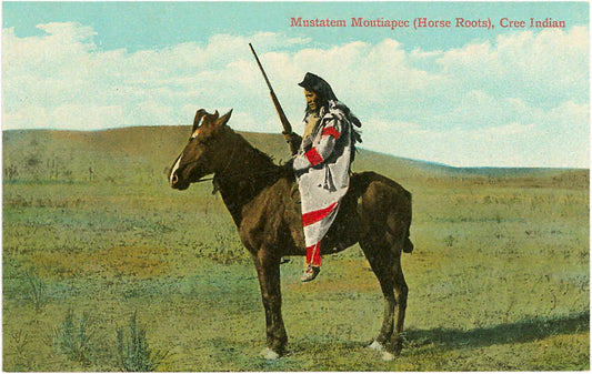 Mustatem Moutiapec on Horseback, Cree Indian - Vintage Image, Postcard