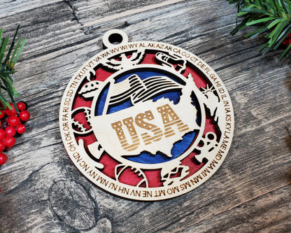 United States Ornament – Laser Cut USA Christmas Ornament, Handmade America Gift, United States Decor, Holiday Keepsake, Patriotic Ornament
