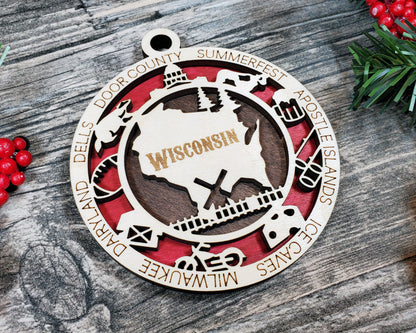 Wisconsin Ornament – Laser Cut Wisconsin State Christmas Ornament, Handmade WI Gift, Wisconsin Decor, Holiday Keepsake, Personalized State Present