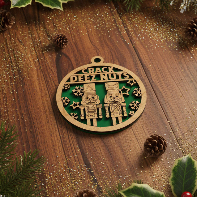 Decorative Christmas ornament on a wooden surface with festive decorations.