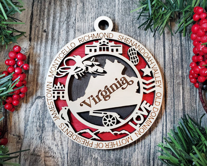 Virginia Ornament – Laser Cut Virginia State Christmas Ornament, Handmade VA Gift, Virginia Decor, Holiday Keepsake, Personalized State Present