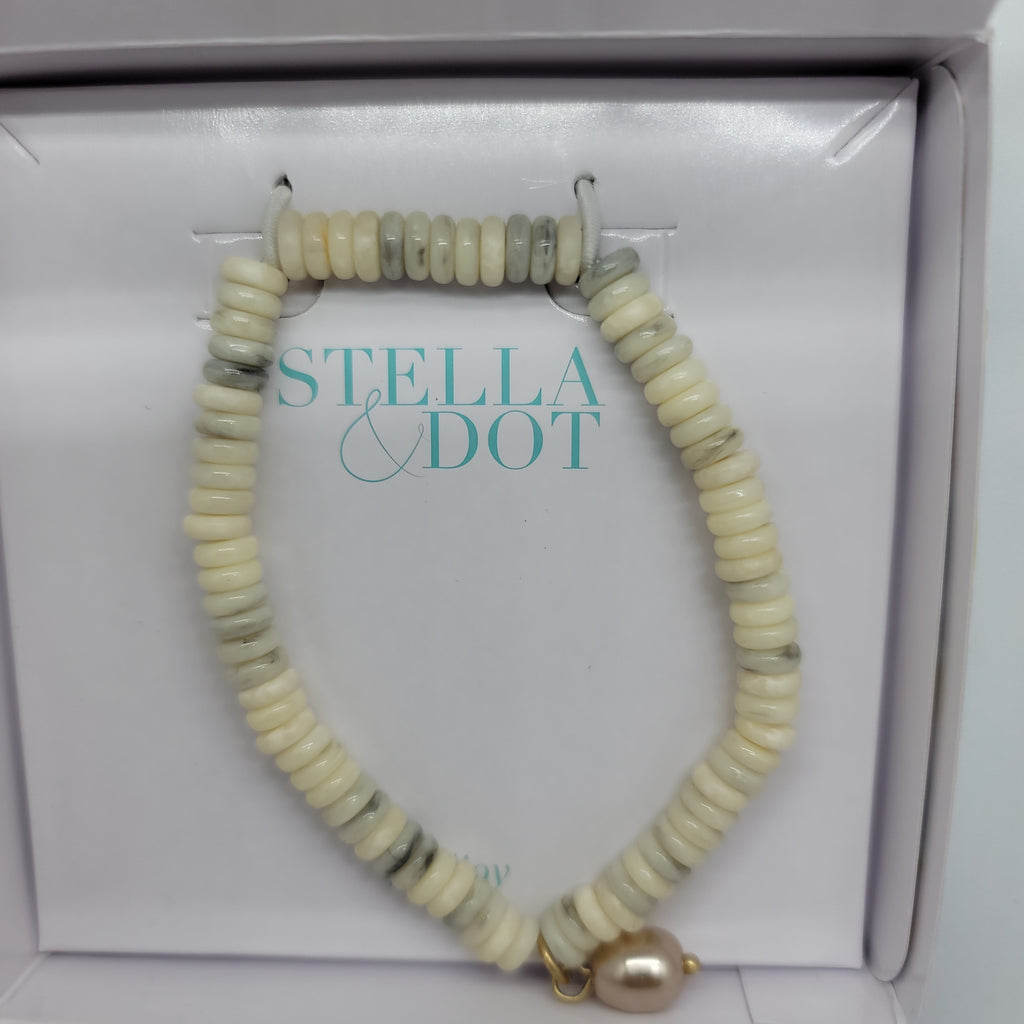 Modern Bohemian beaded charm stretch bracelet - bone with pearl - by Stella and Dot