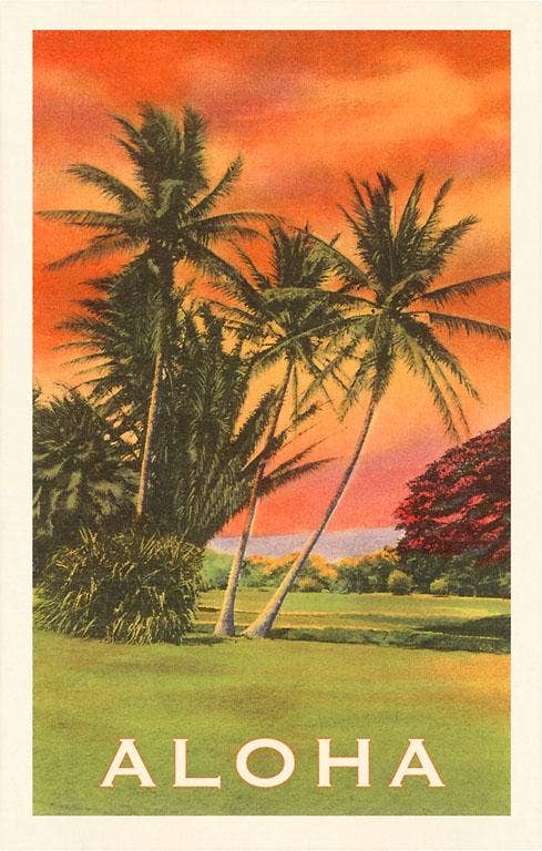 Aloha, Palms at Sunset, Hawaii - Vintage reprinted Image, Postcard