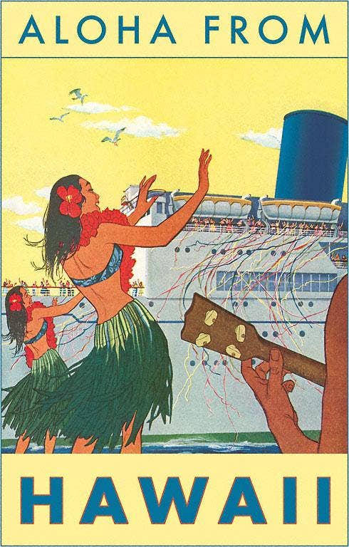 Aloha from Hawaii, Hawaiian Girls Greeting Cruise Ship - Vintage Reprinted Image, Postcard