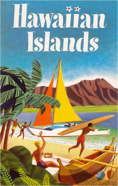 Hawaiian Islands Travel Poster - Vintage Reprinted Image, Postcard