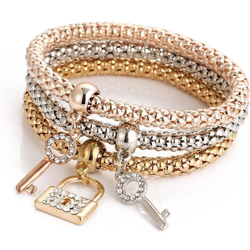 Three-color set stretch stone lock & key bracelet