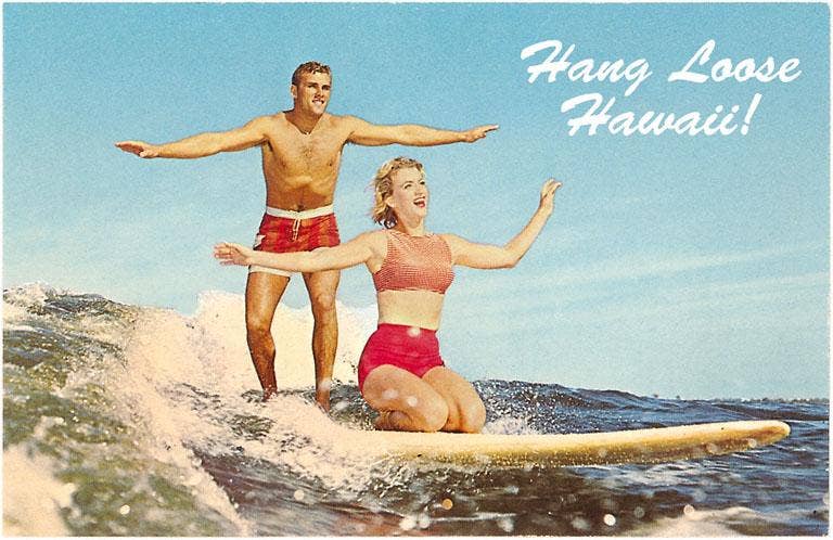 Hang Loose Hawaii, Tandem Surfing - Vintage Reprinted Image, Postcard