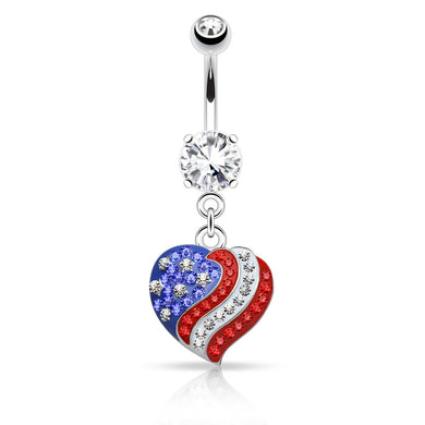 14 GA Crystal Paved American Flag Heart Dangle 316L Surgical Steel Navel Ring