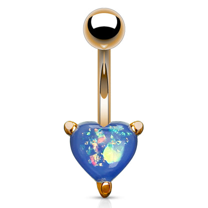 Opal Glitter Heart Prong Set Rose Gold IP Over 316L Surgical Steel Belly Button Navel Rings 14GA