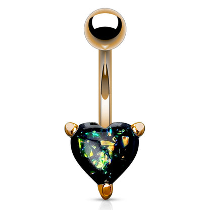 Opal Glitter Heart Prong Set Rose Gold IP Over 316L Surgical Steel Belly Button Navel Rings 14GA