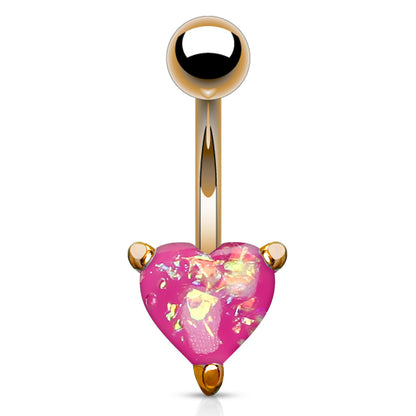 Opal Glitter Heart Prong Set Rose Gold IP Over 316L Surgical Steel Belly Button Navel Rings 14GA