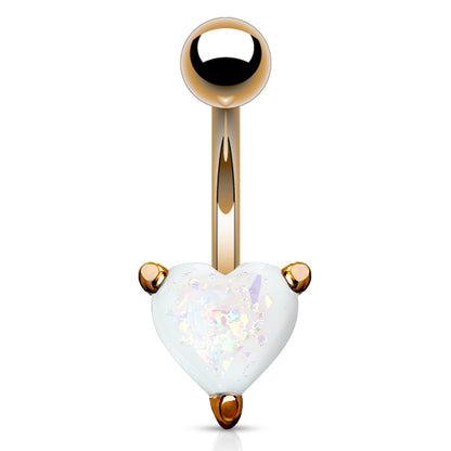 Opal Glitter Heart Prong Set Rose Gold IP Over 316L Surgical Steel Belly Button Navel Rings 14GA